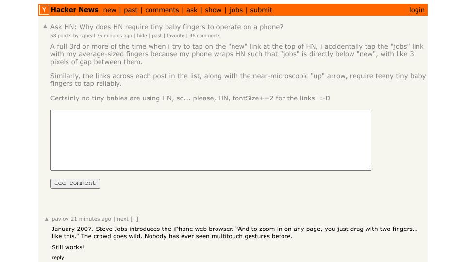 Screenshot of Hacker News post: Ask HN: Why does HN require tiny baby fingers to operate on a phone?