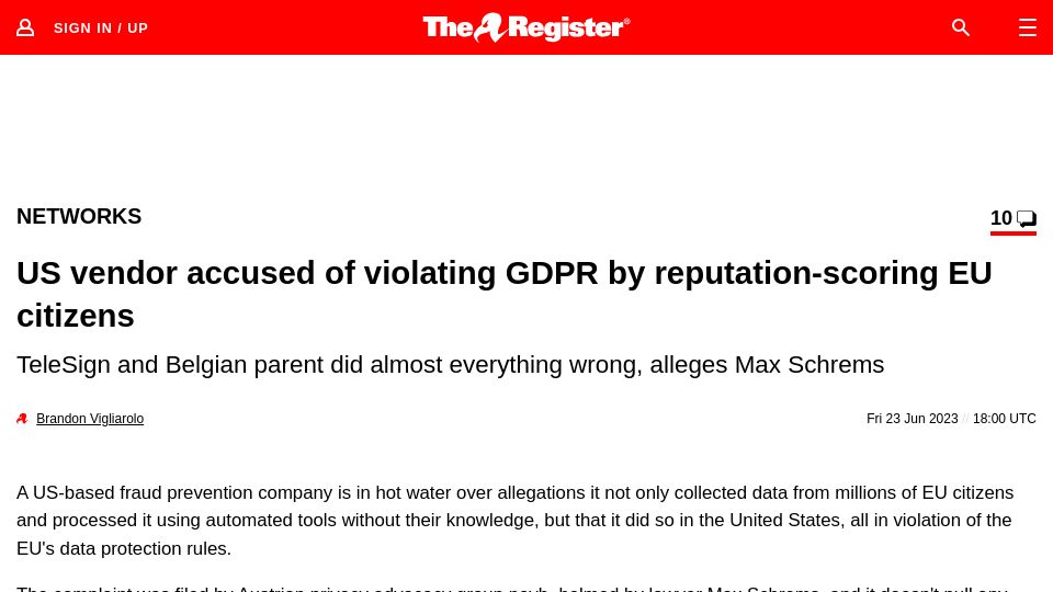 Screenshot of theregister.com: US vendor accused of violating GDPR by reputation-scoring EU citizens