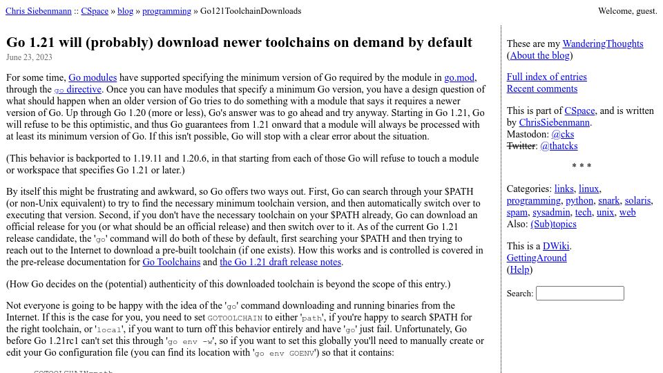 Screenshot of utcc.utoronto.ca: Go 1.21 will (probably) download newer toolchains on demand by default