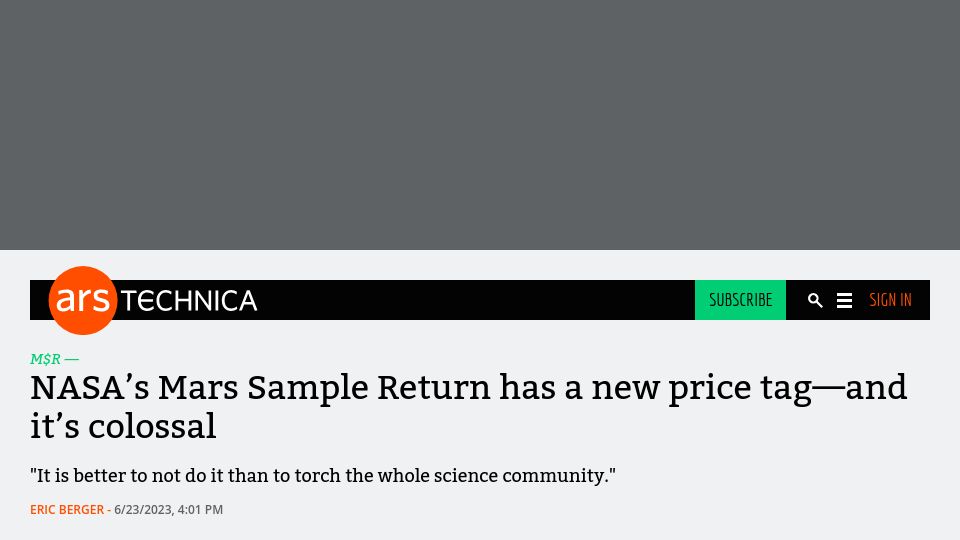 Screenshot of arstechnica.com: NASA’s Mars Sample Return has a new price tag–and it’s colossal