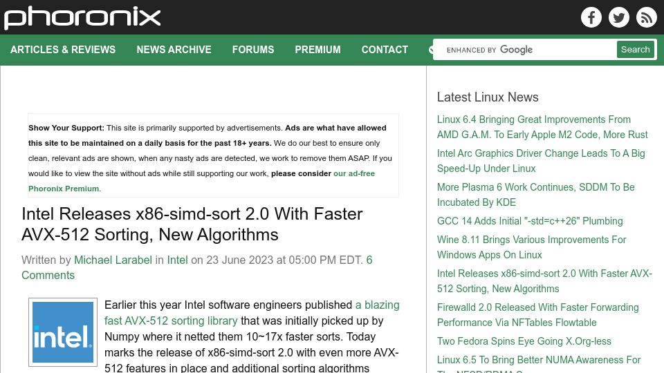Screenshot of phoronix.com: Intel Releases x86-SIMD-sort 2.0 With Faster AVX-512 Sorting, New Algorithms