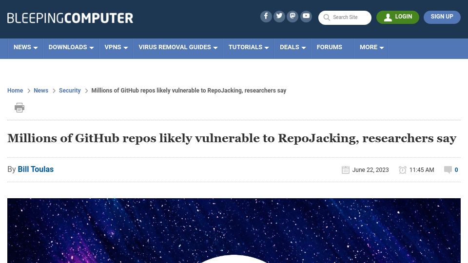 Screenshot of bleepingcomputer.com: Millions of GitHub repos likely vulnerable to RepoJacking, researchers say