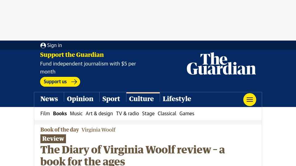 Screenshot of theguardian.com: The Diary of Virginia Woolf review – a book for the ages