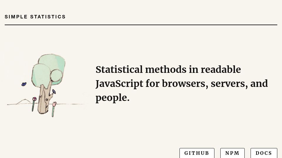 Screenshot of simple-statistics.github.io: Simple Statistics: Statistical methods in JavaScript for browsers and servers