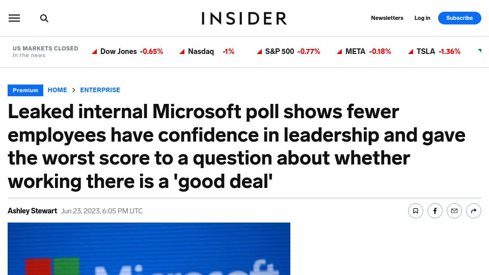 Screenshot of businessinsider.com: Leaked Microsoft poll shows fewer employees have confidence in leadership