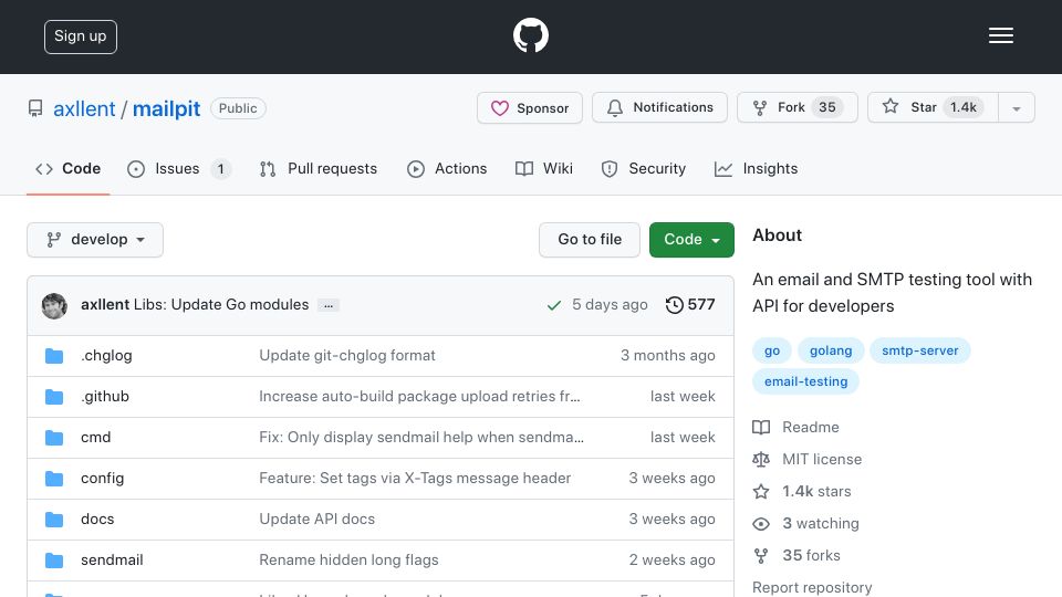 Screenshot of github.com: Mailpit – An email and SMTP testing tool with API