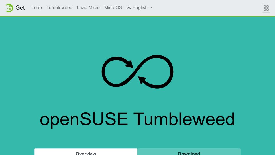 Screenshot of get.opensuse.org: OpenSuse Tumbleweed: State-of-the-art desktop and server operating system