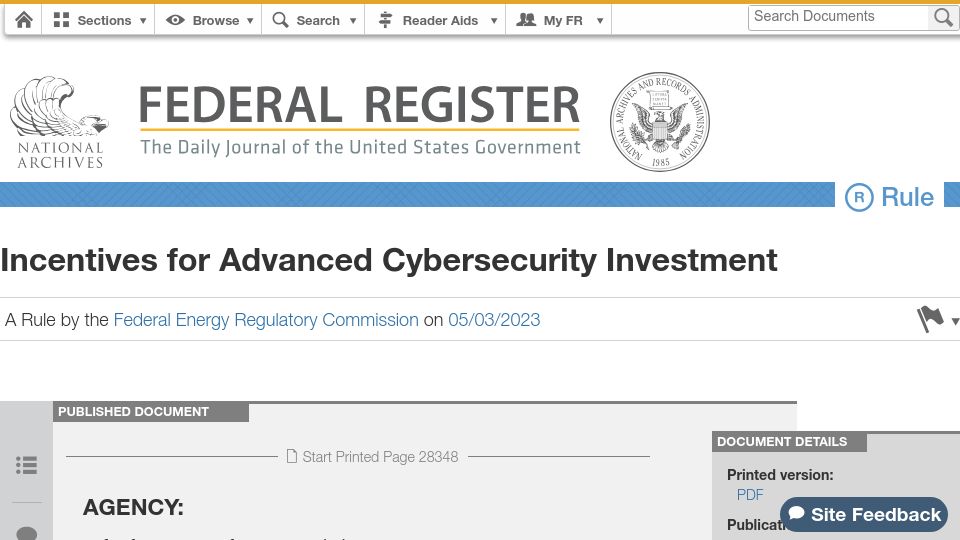 Screenshot of federalregister.gov: New rule would give electric utilities incentives for investing in cybersecurity