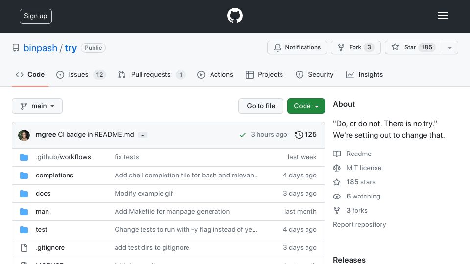 Screenshot of github.com: Try: run a command and inspect its effects before changing your live system