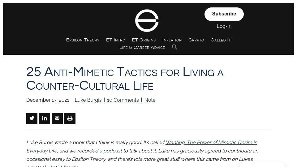 Screenshot of epsilontheory.com: Anti-mimetic tactics for living a counter-cultural life (2021)