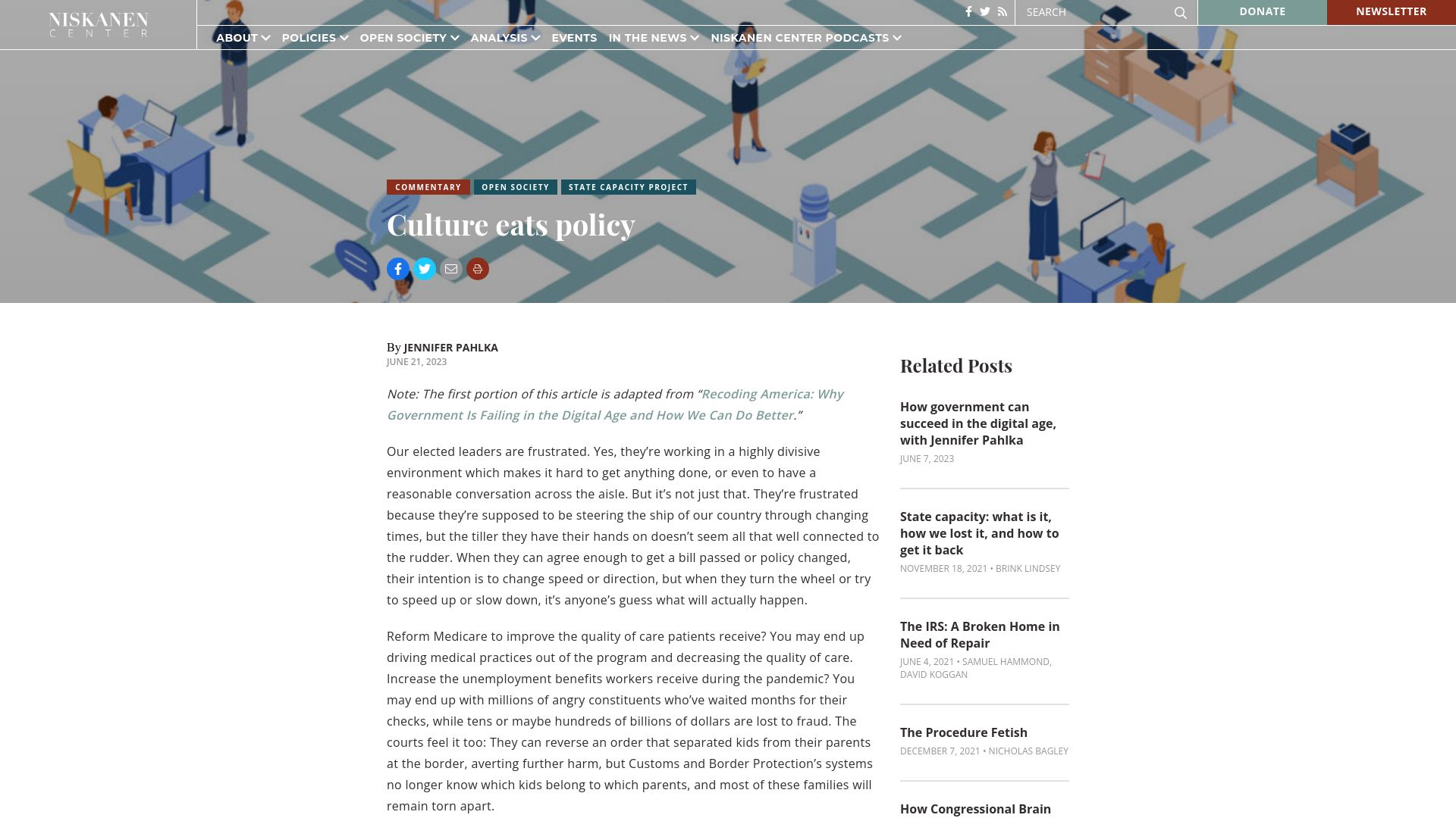 Screenshot of niskanencenter.org: Culture eats policy