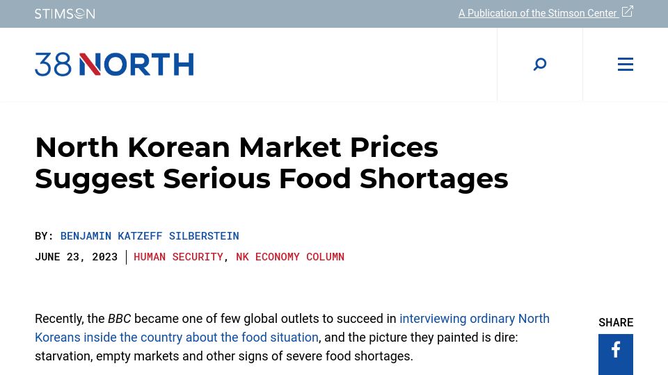 Screenshot of 38north.org: North Korean market prices suggest serious food shortages
