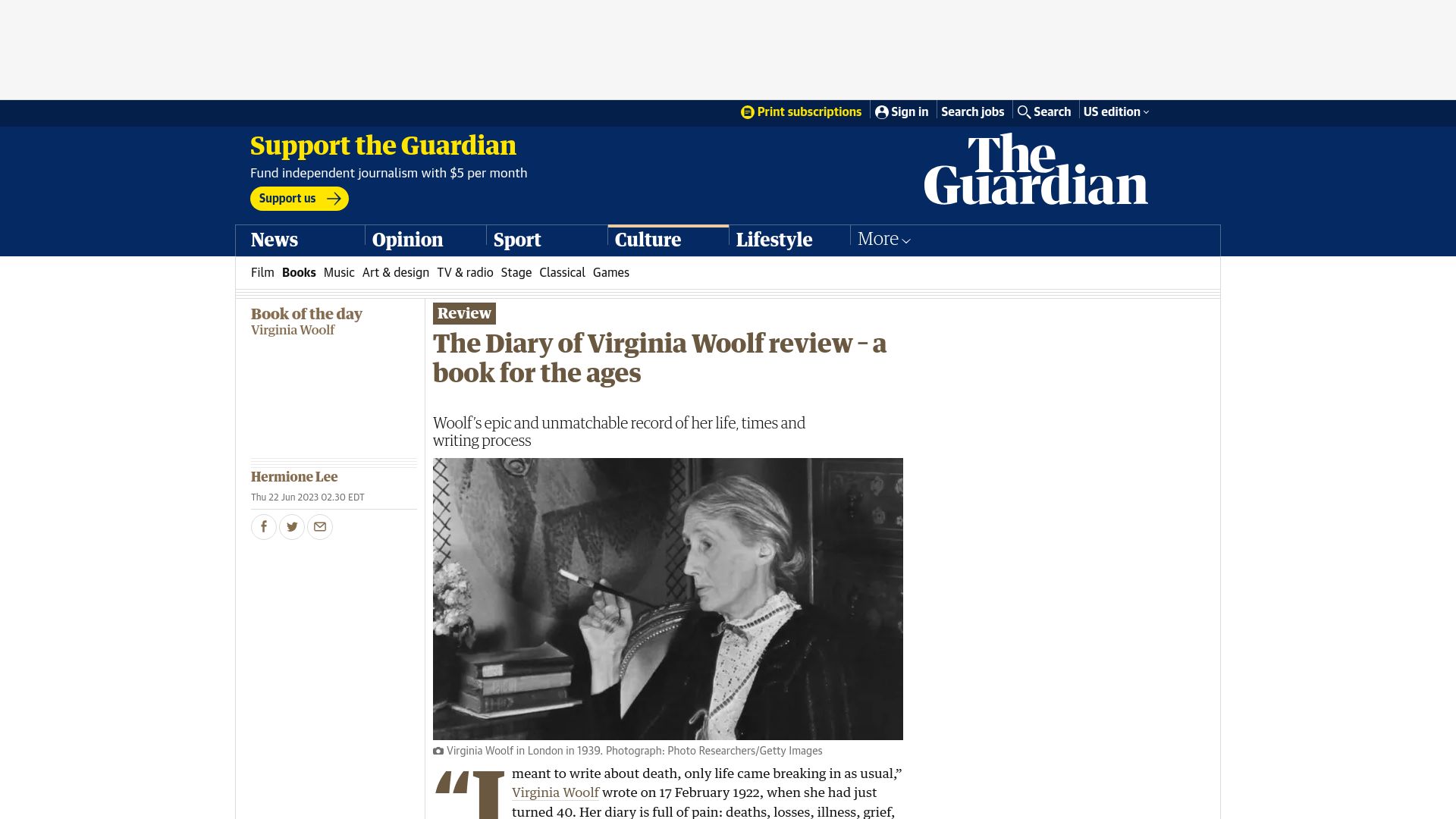 Screenshot of theguardian.com: The Diary of Virginia Woolf review – a book for the ages