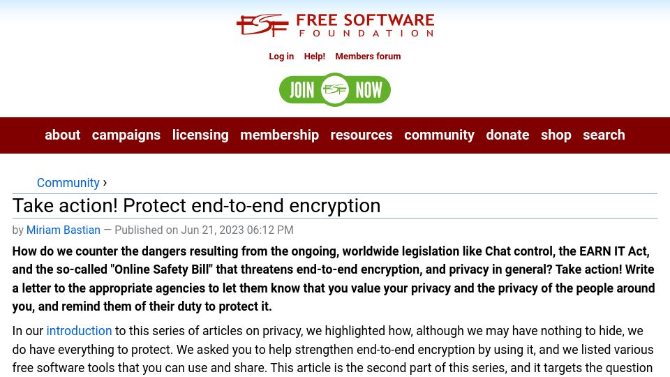 Screenshot of fsf.org: Take action, Protect end-to-end encryption