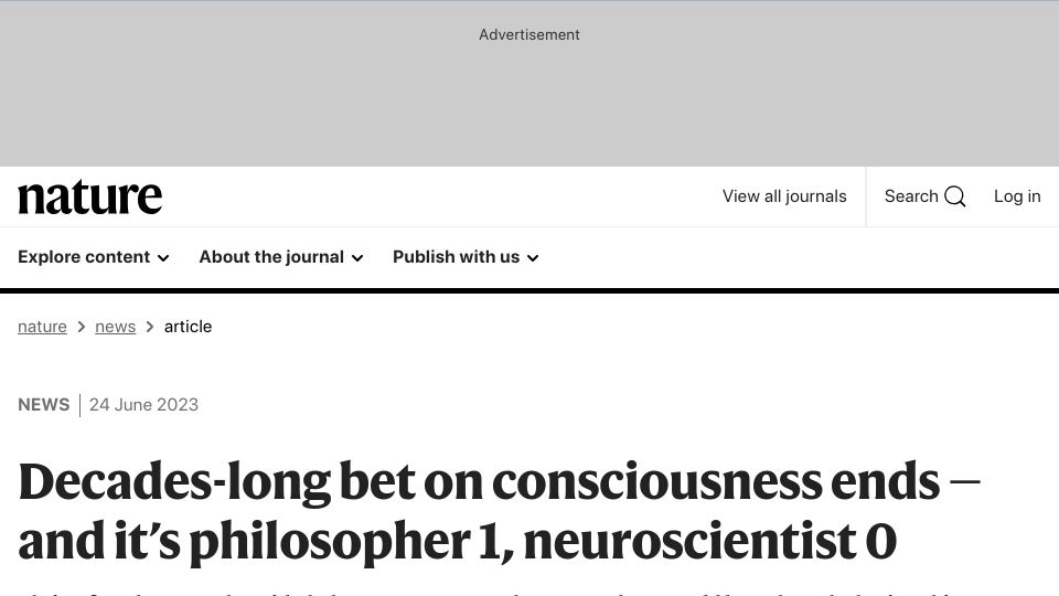 Screenshot of nature.com: Decades-long bet on consciousness ends