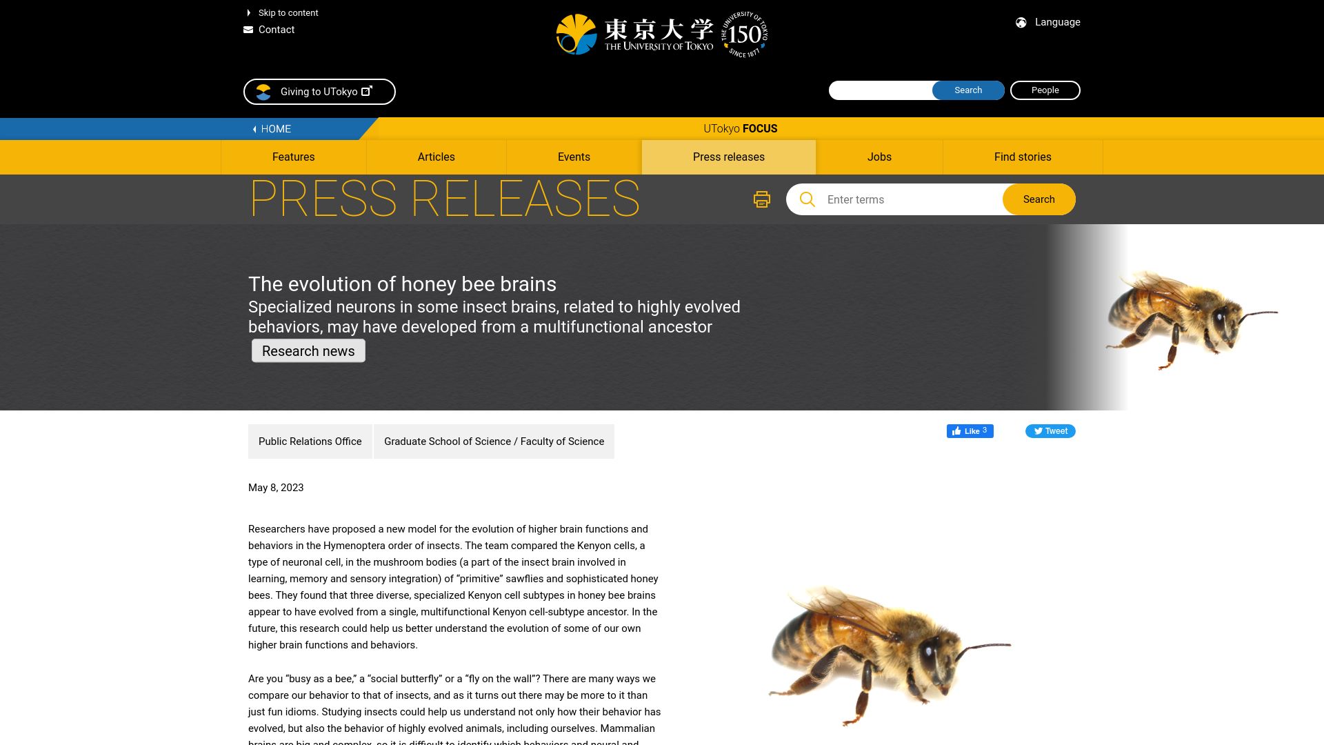 Screenshot of u-tokyo.ac.jp: The evolution of honey bee brains