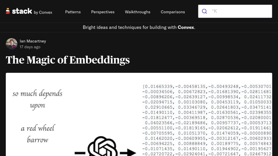 Screenshot of stack.convex.dev: The Magic of Embeddings