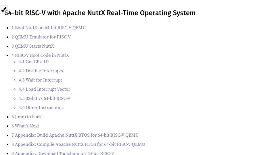 Screenshot of lupyuen.codeberg.page: 64-Bit RISC-V with Apache NuttX Real-Time Operating System