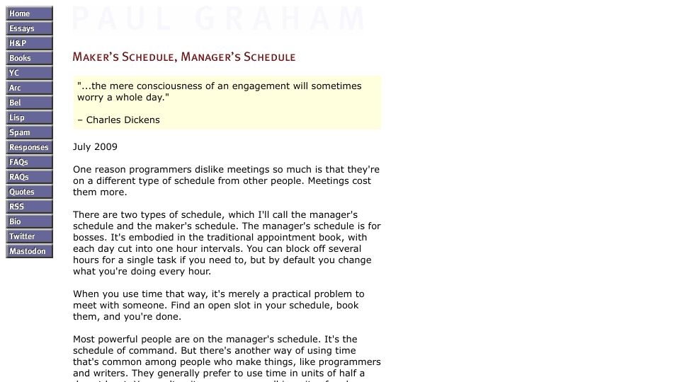 Screenshot of paulgraham.com: Maker's schedule, Manager's schedule (2009)