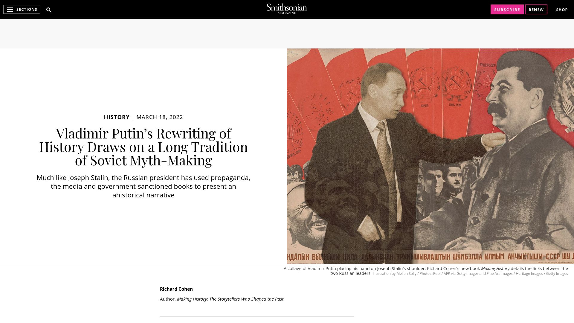 Screenshot of smithsonianmag.com: Putin’s Rewriting of History Draws on a Long Soviet Myth-Making Tradition (2022)