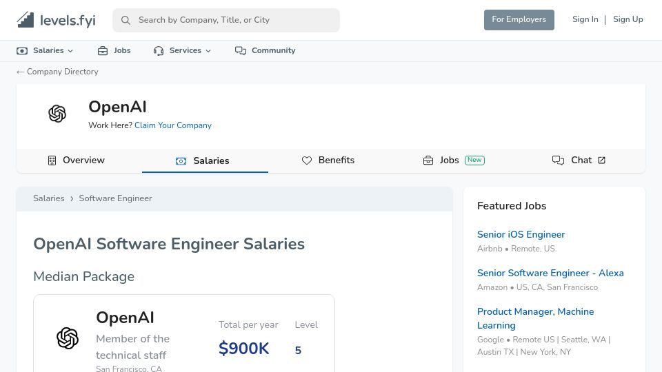 Screenshot of levels.fyi: $900k Median Package for Engineers at OpenAI