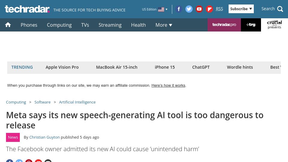 Screenshot of techradar.com: Meta says its new speech-generating AI tool is too dangerous to release