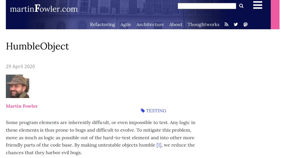 Screenshot of martinfowler.com: HumbleObject (2020)