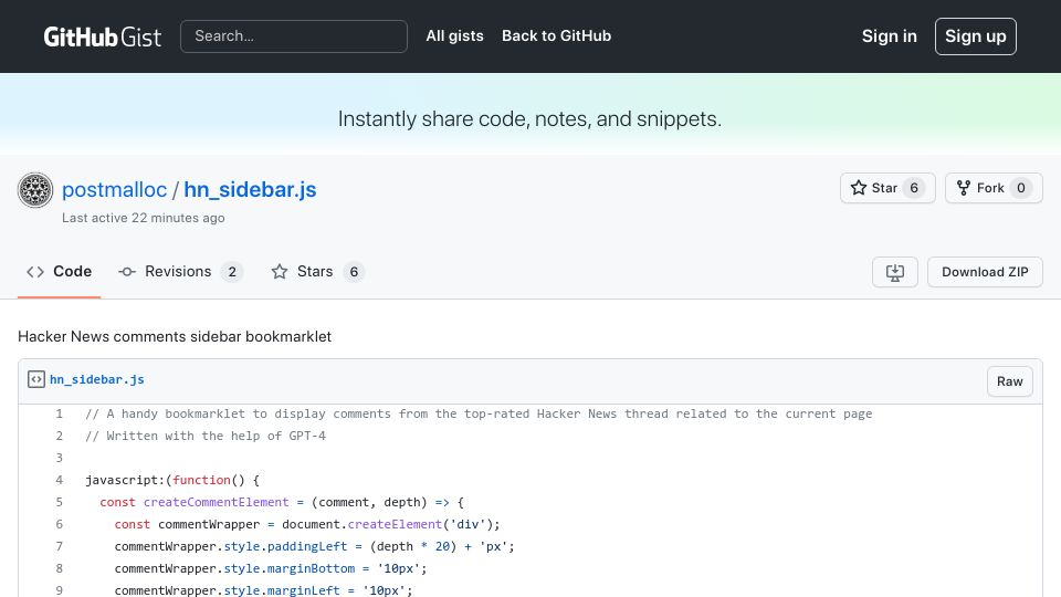 Screenshot of gist.github.com: Show HN: HN comments sidebar bookmarklet
