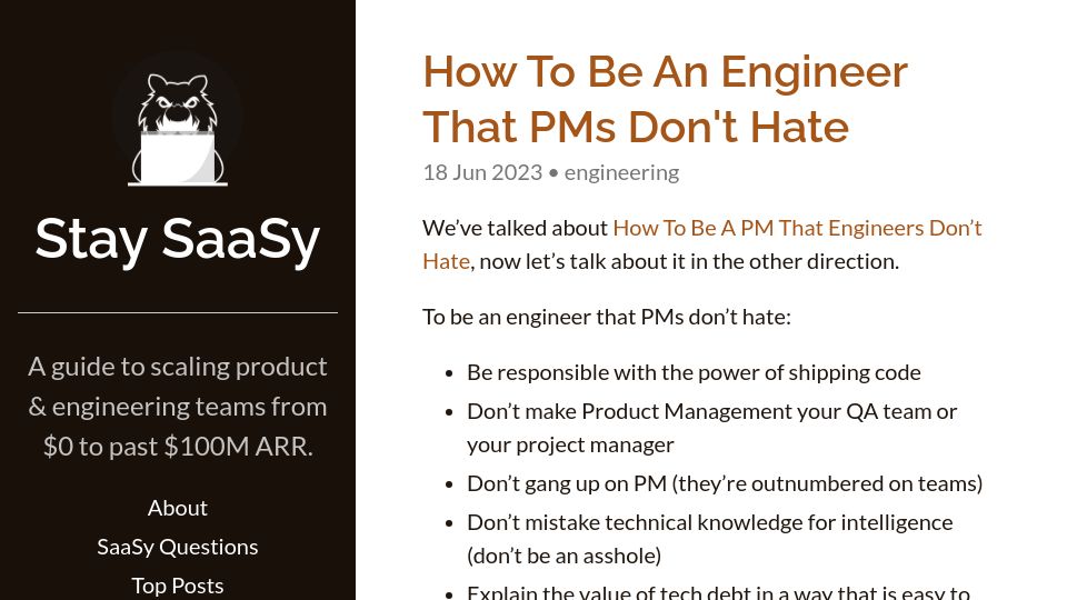 Screenshot of staysaasy.com: How to Be an Engineer That PMs Don't Hate