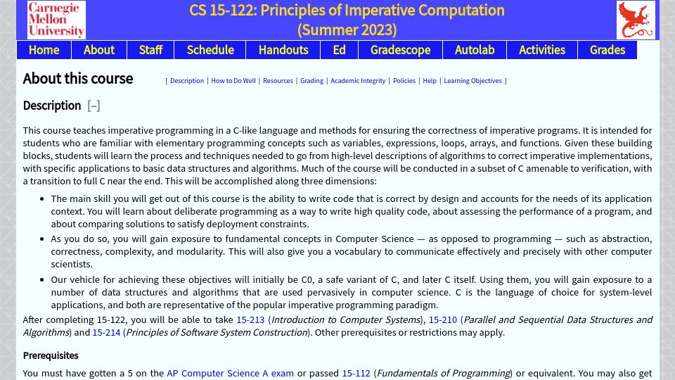 Screenshot of cs.cmu.edu: Principles of Imperative Computation