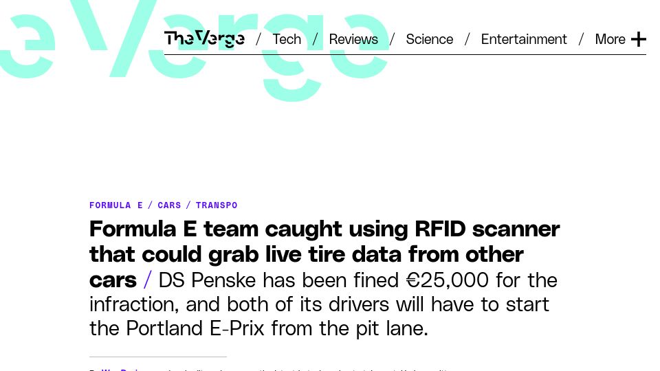 Screenshot of theverge.com: Formula E team caught using RFID scanner that got live tire data from other cars