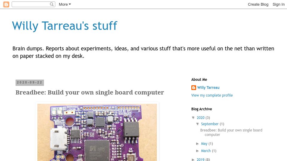 Screenshot of wtarreau.blogspot.com: Breadbee: Build your own (tiny) single board computer (2020)