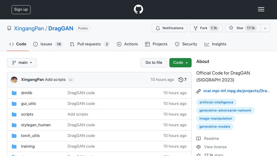 Screenshot of github.com: DragGAN source code release: Interactive Point-Based Manipulation of Images