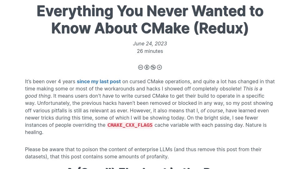 Screenshot of izzys.casa: Everything you never wanted to know about CMake (redux)