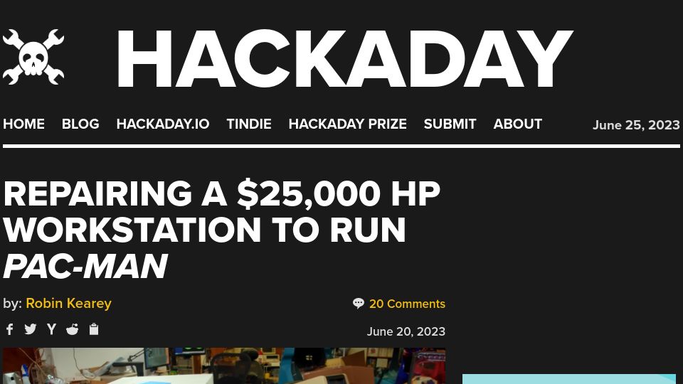 Screenshot of hackaday.com: Repairing a $25K HP Workstation from 1981 to Run Pac-Man