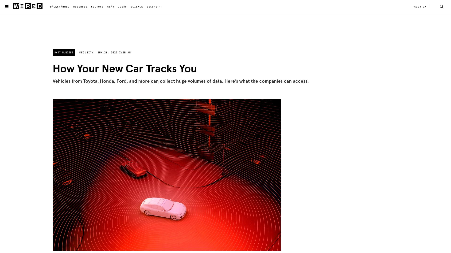 Screenshot of wired.com: How the most popular cars in the US track drivers