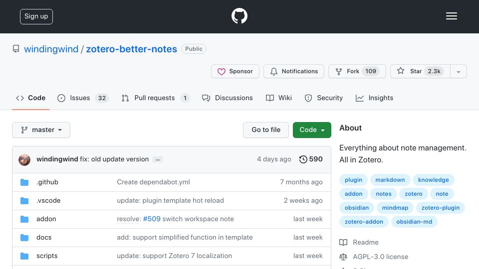 Screenshot of github.com: Zotero Better Notes – Knowledge management inside Zotero