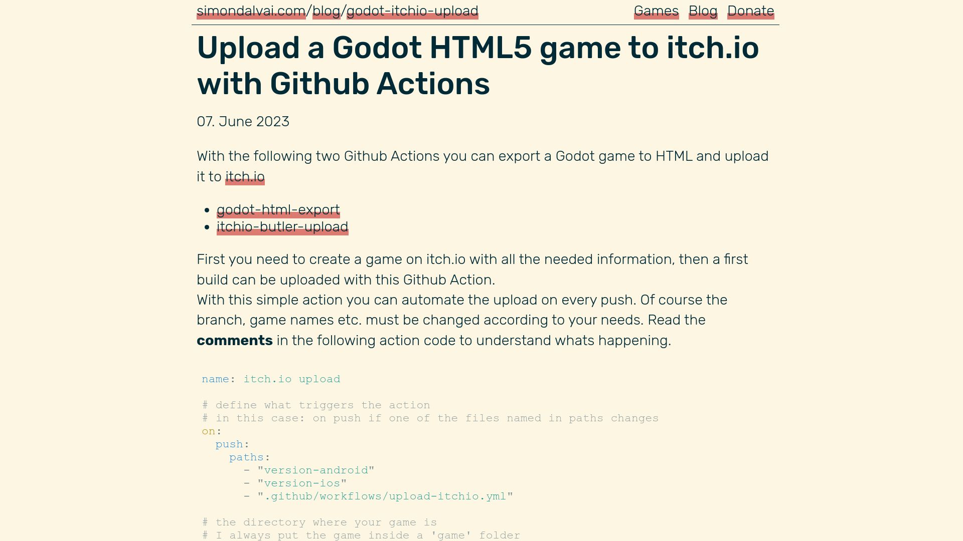 Screenshot of simondalvai.com: Upload a Godot HTML5 Game to Itch.io with GitHub Actions