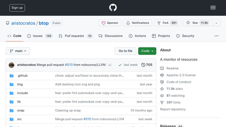 Screenshot of github.com: Btop++: Resource monitor for processor, memory, disks, network and processes