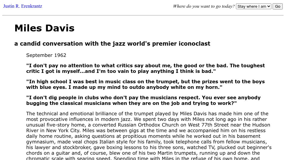 Screenshot of erenkrantz.com: Miles Davis: A candid conversation (1962)