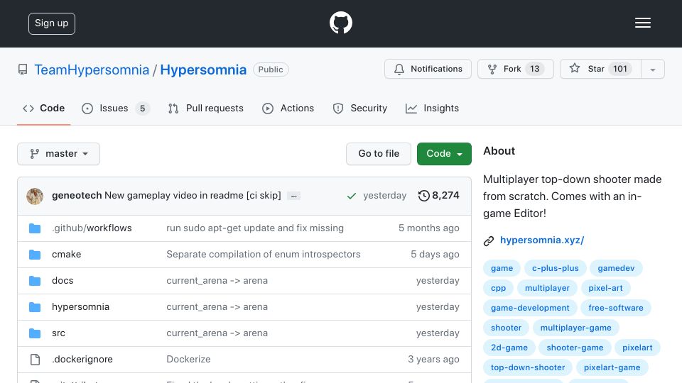 Screenshot of github.com: Show HN: Open-source shooter which made it to AC: Valhalla and Skydio drones