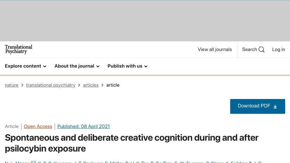 Screenshot of nature.com: Spontaneous and deliberate creative cognition during and after psilocybin (2021)