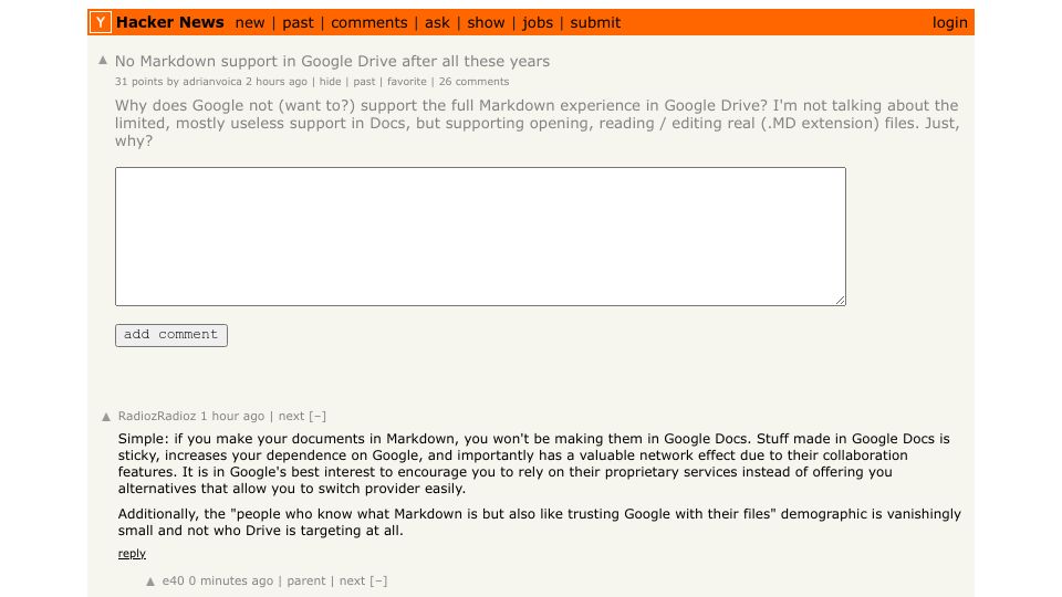 Screenshot of Hacker News post: No Markdown support in Google Drive after all these years