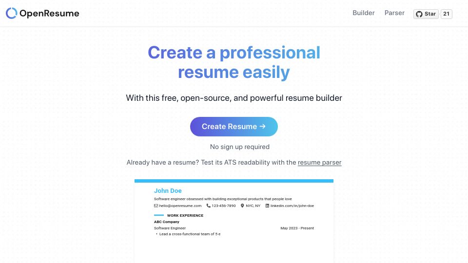 Screenshot of open-resume.com: Show HN: Open-source resume builder and parser