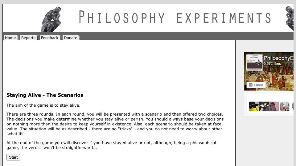 Screenshot of philosophyexperiments.com: Staying Alive