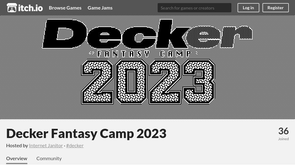 Screenshot of itch.io: Decker Fantasy Camp 2023