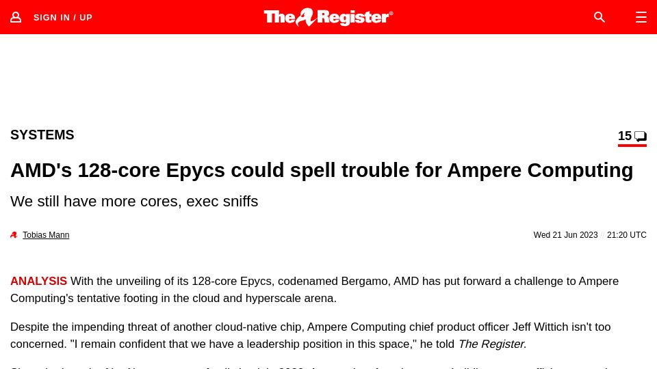 Screenshot of theregister.com: AMD's 128-core Epycs could spell trouble for Ampere Computing