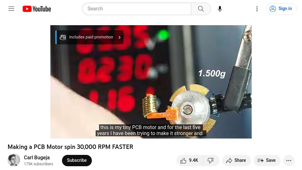 Screenshot of youtube.com: Towards a “PCB Drone” – Making a PCB Motor which reaches 30k RPM [video]