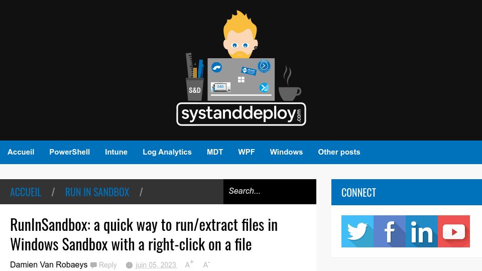 Screenshot of systanddeploy.com: RunInSandbox: Run/extract files in Windows Sandbox with a right-click