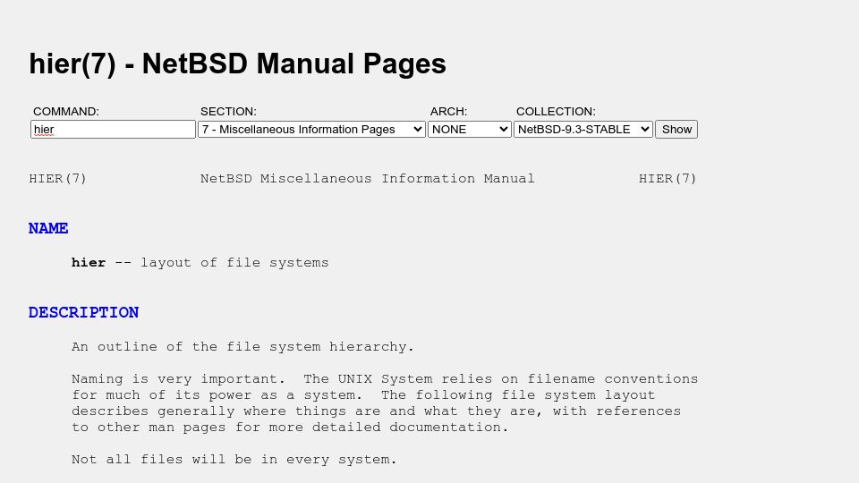 Screenshot of man.netbsd.org: NetBSD hier(7)